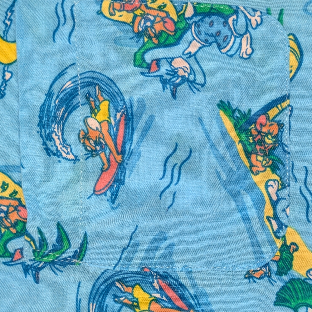 Tom & Jerry Hawaiian Shirt Large Blue Cartoon Print Button Up Rayon Summer Camp